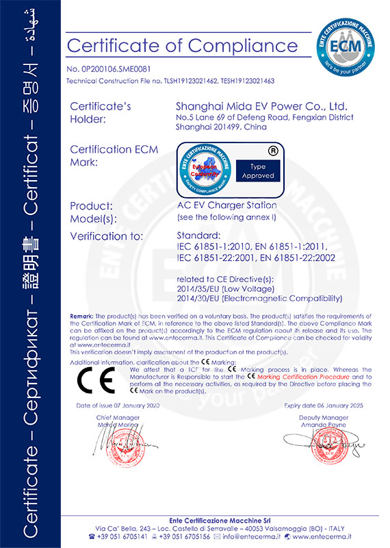 Certifikát CE pro nabíjecí stanici EV-1