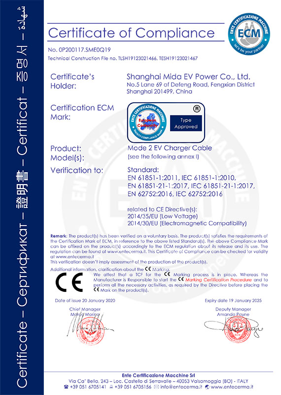 Certifikát CE pro nabíjecí kabel EV Mode 2-1
