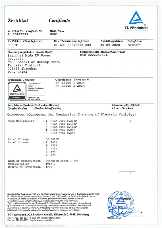 Certifikát TUV pro zástrčku CCS Combo 2