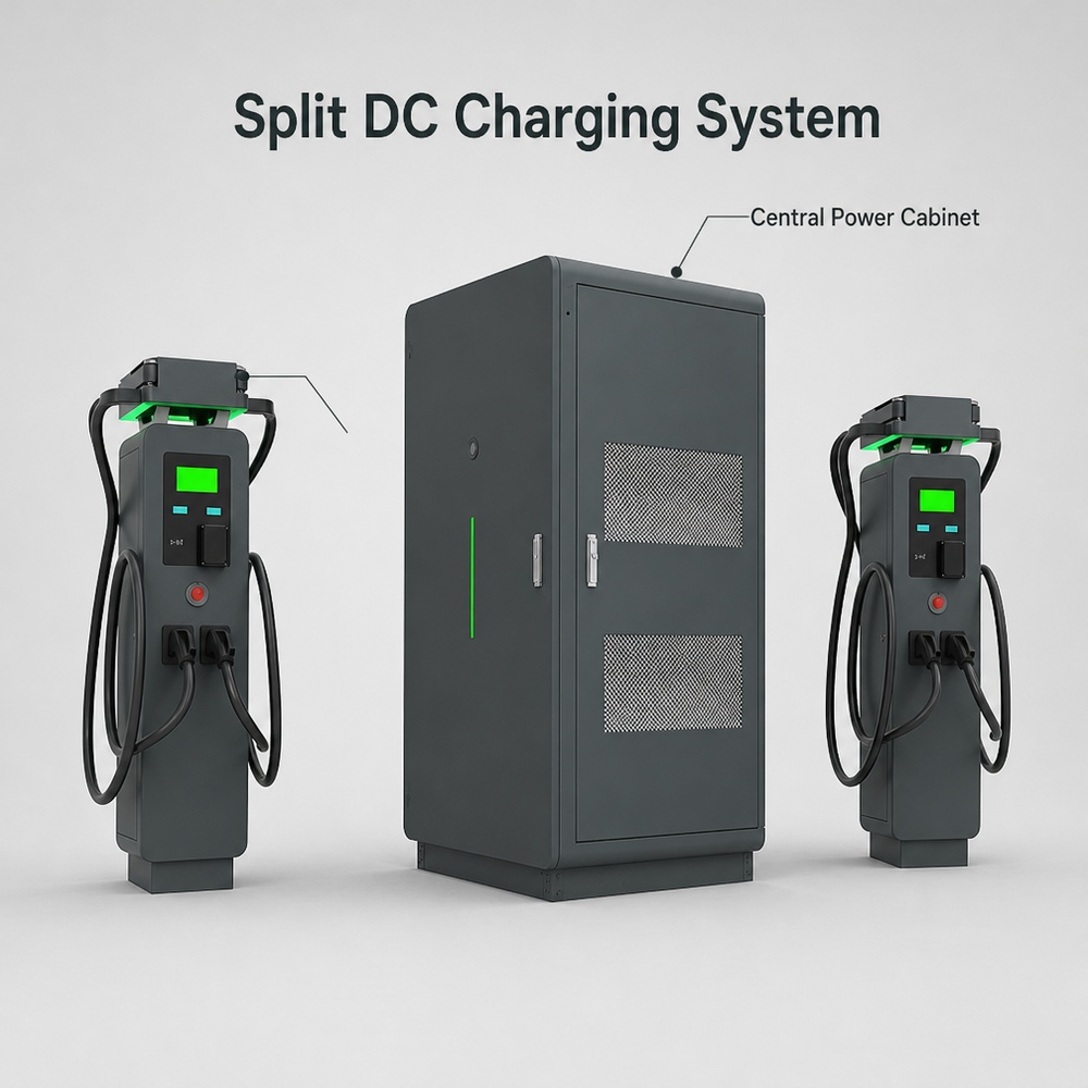 Scalable split DC charging cabinet and dispensers rated 1220kW serving mining haul trucks on a prepared pad