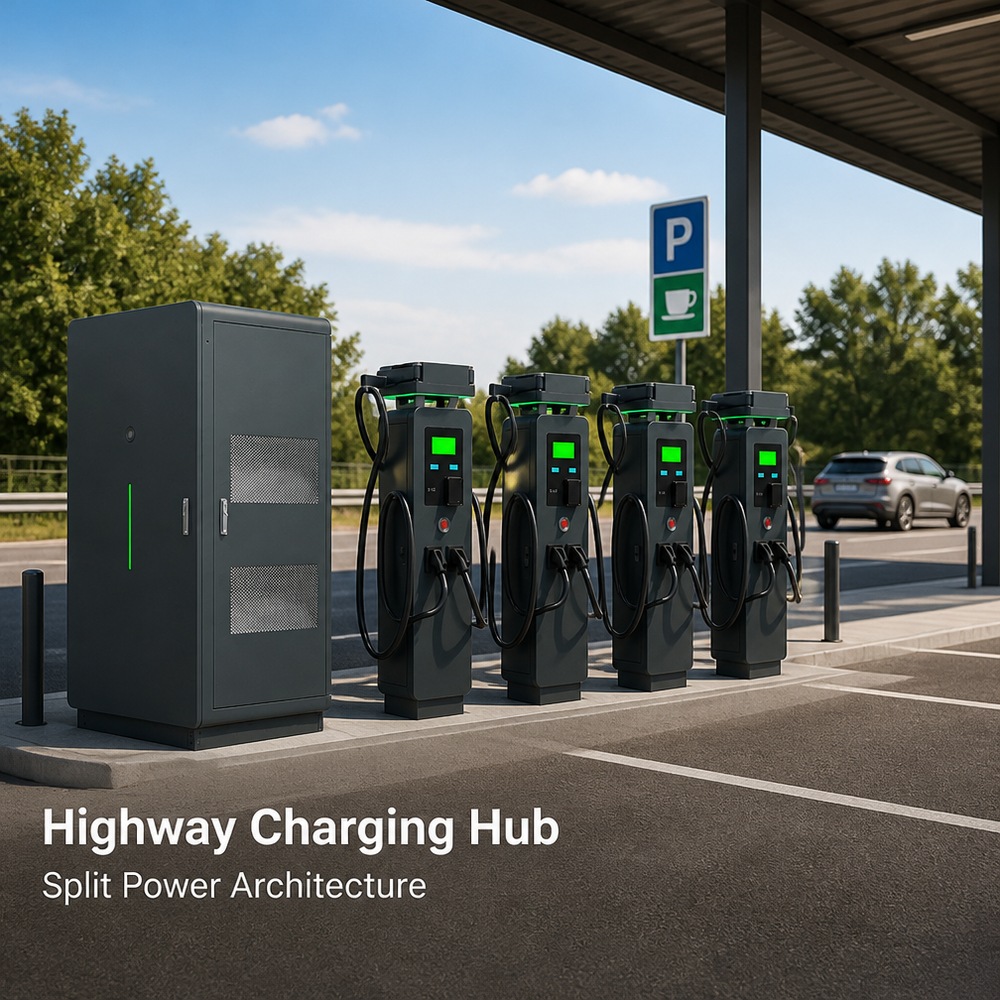 Networked OCPP smart management cabinet rated 800kW to 1220kW feeding multiple dispensers at a mining fleet charging area