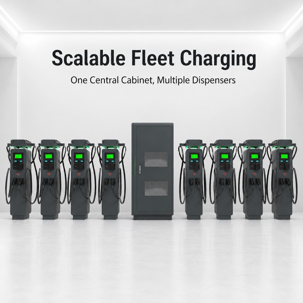 MIDA 480kW 800kW 1220kW scalable cabinet split-type DC charging station with module slots open at a mine workshop