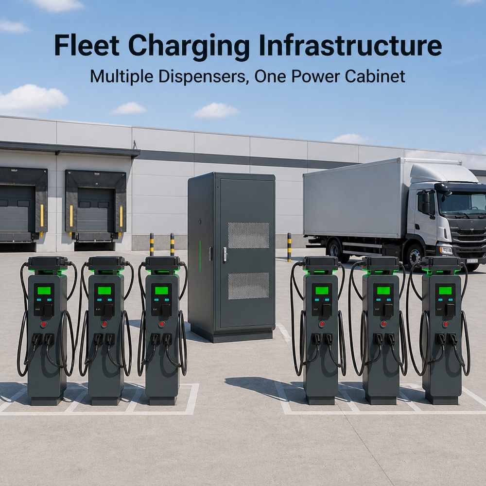 Split-type DC power cabinet distributing 1440kW to two independent mining fleet charging guns with separate metering