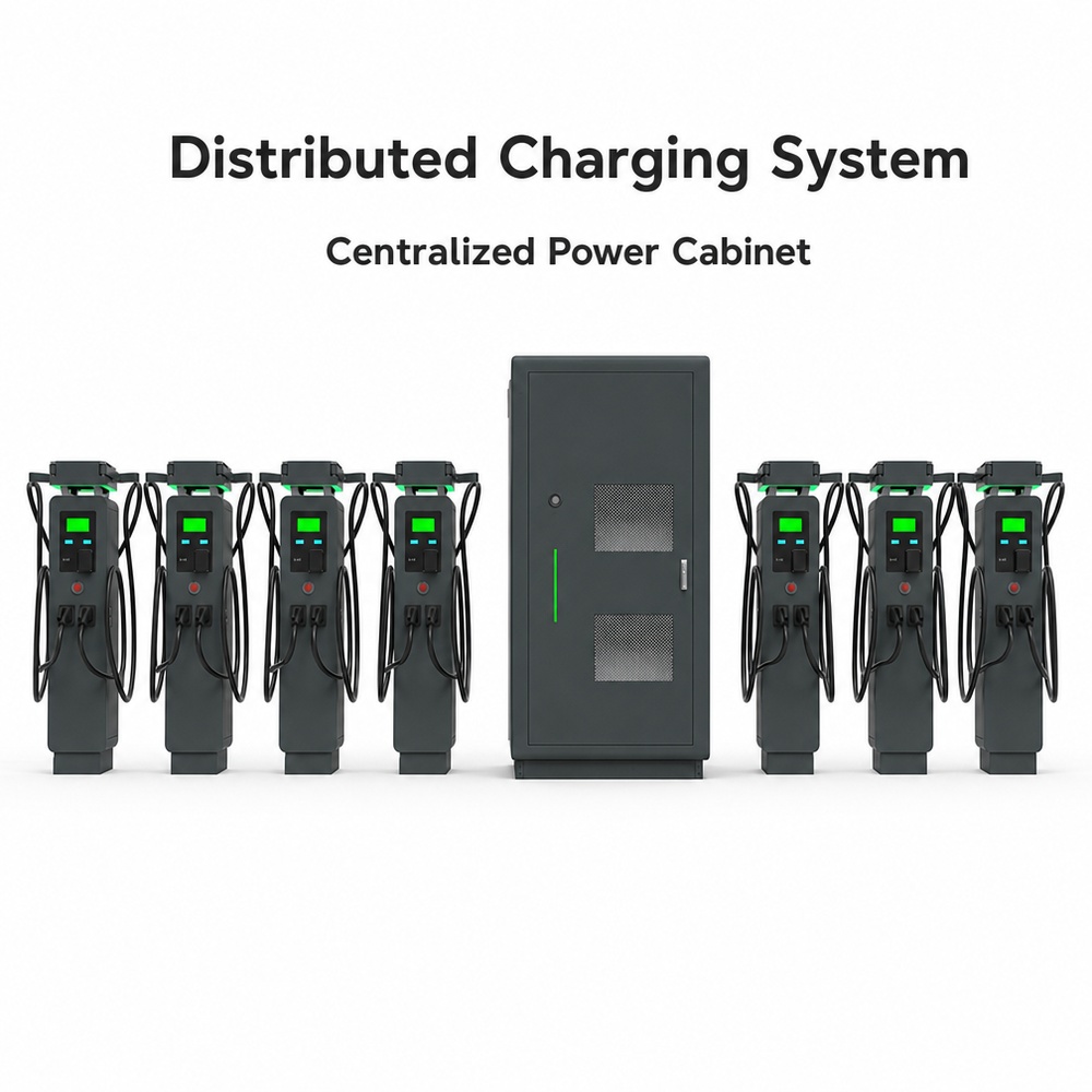 MIDA 360kW 800kW 1440kW grid-friendly load control split-type DC charging station cabinet and dispensers at an urban charging hub