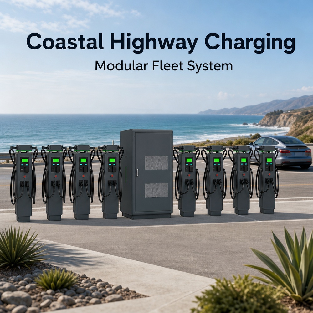 MIDA 360kW 800kW 1440kW grid-friendly load control split-type DC charging station cabinet and dispensers at a port logistics charging yard