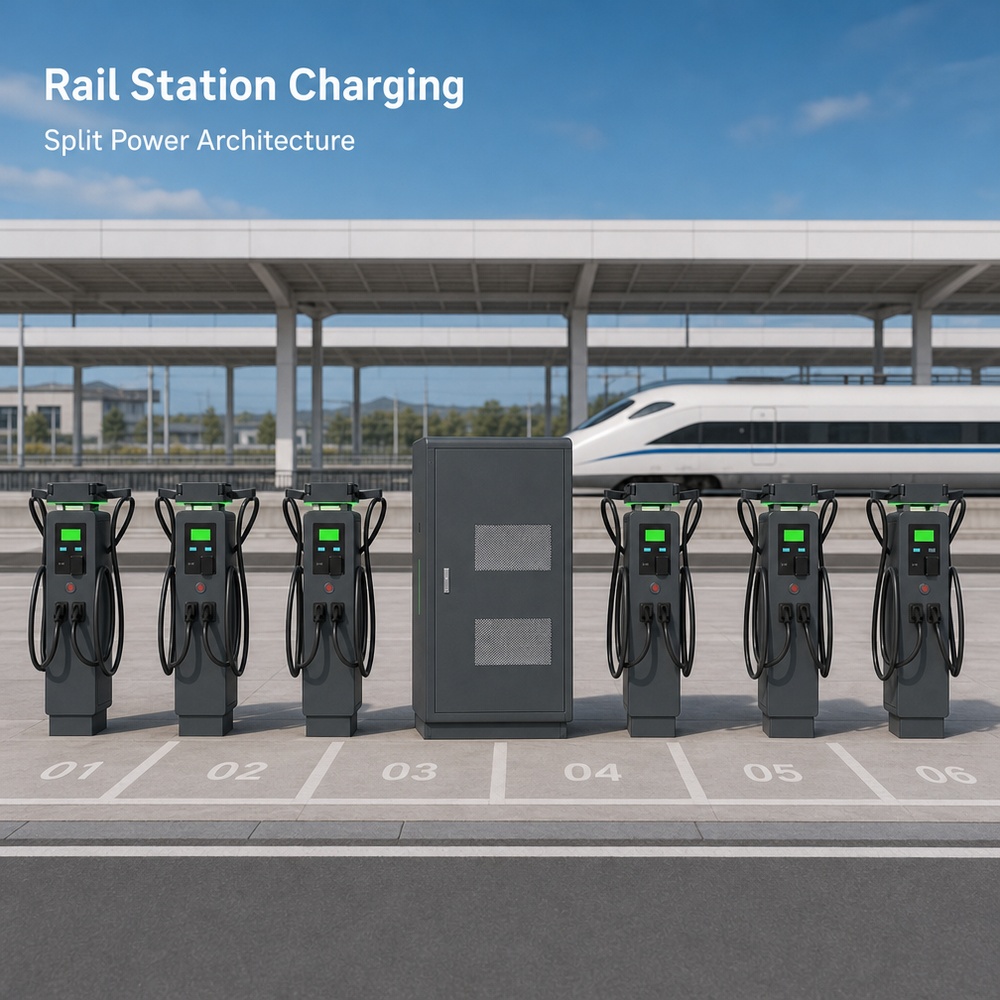 MIDA 480kW 600kW 720kW dynamic power sharing split-type DC charging station at an airport shuttle charging bay