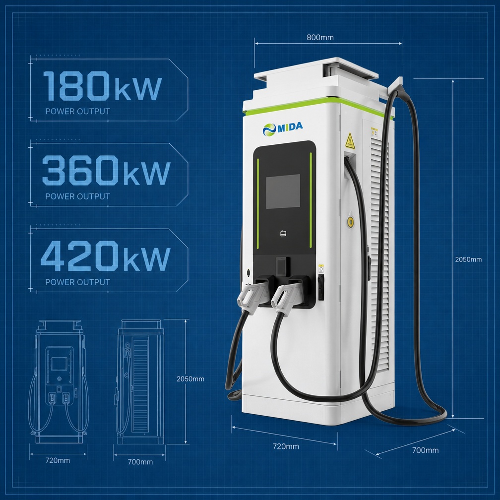Smart DC charging cabinet with dual connector guns at a highway fleet charging bay
