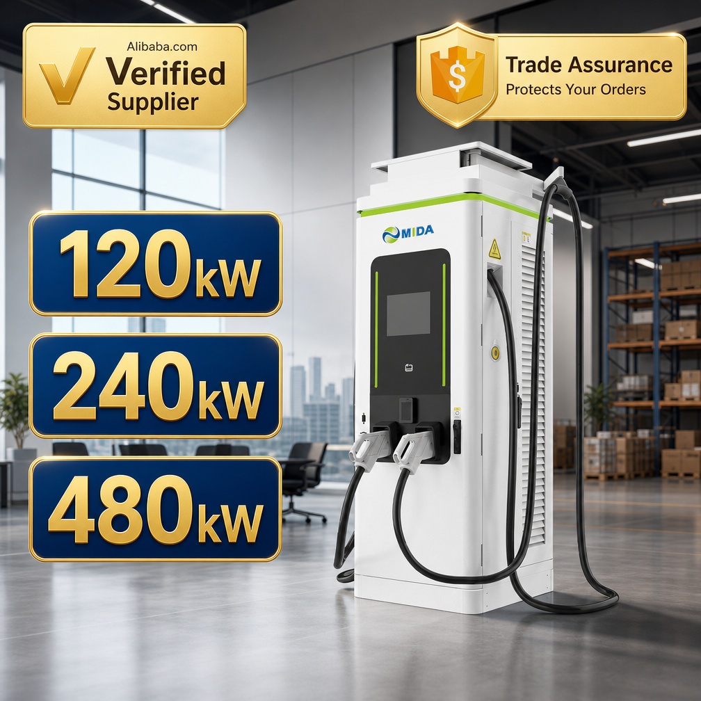 High power DC charging station with dynamic power sharing serving a fleet corridor site