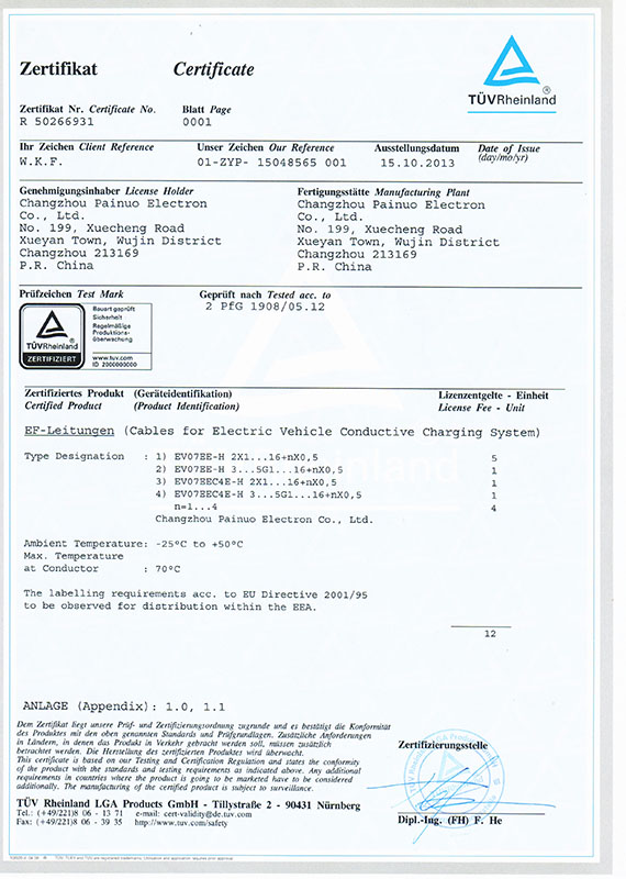 Certificato TUV del cavo di ricarica