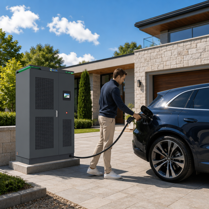 Floor stand satellite DC fast charging station for EV charging hubs