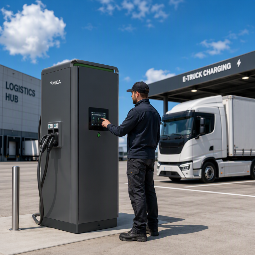 Ultra-high power split DC charging stack for heavy duty trucks