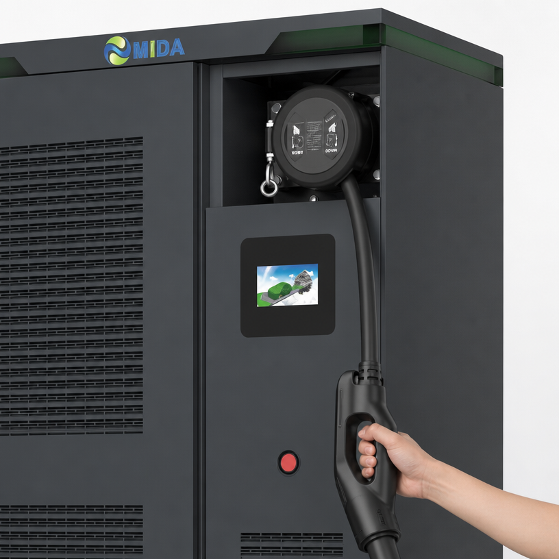 Liquid cooled split DC fast charger for high-power highway stations