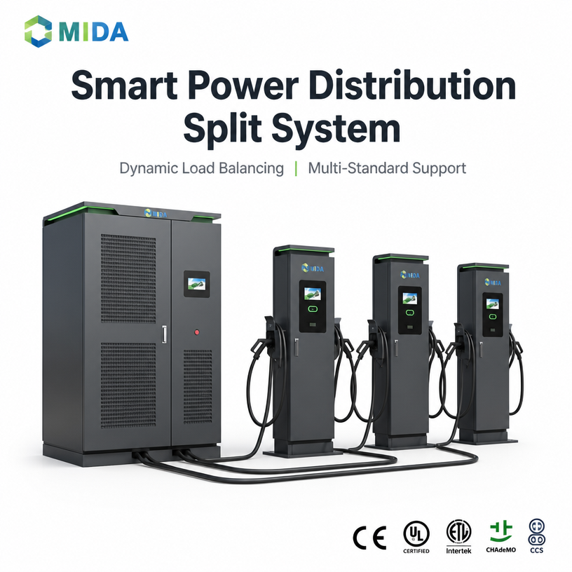 Split DC charging cluster with intelligent power sharing control installation