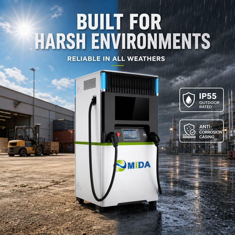 Off-grid battery DC fast charger at a construction site