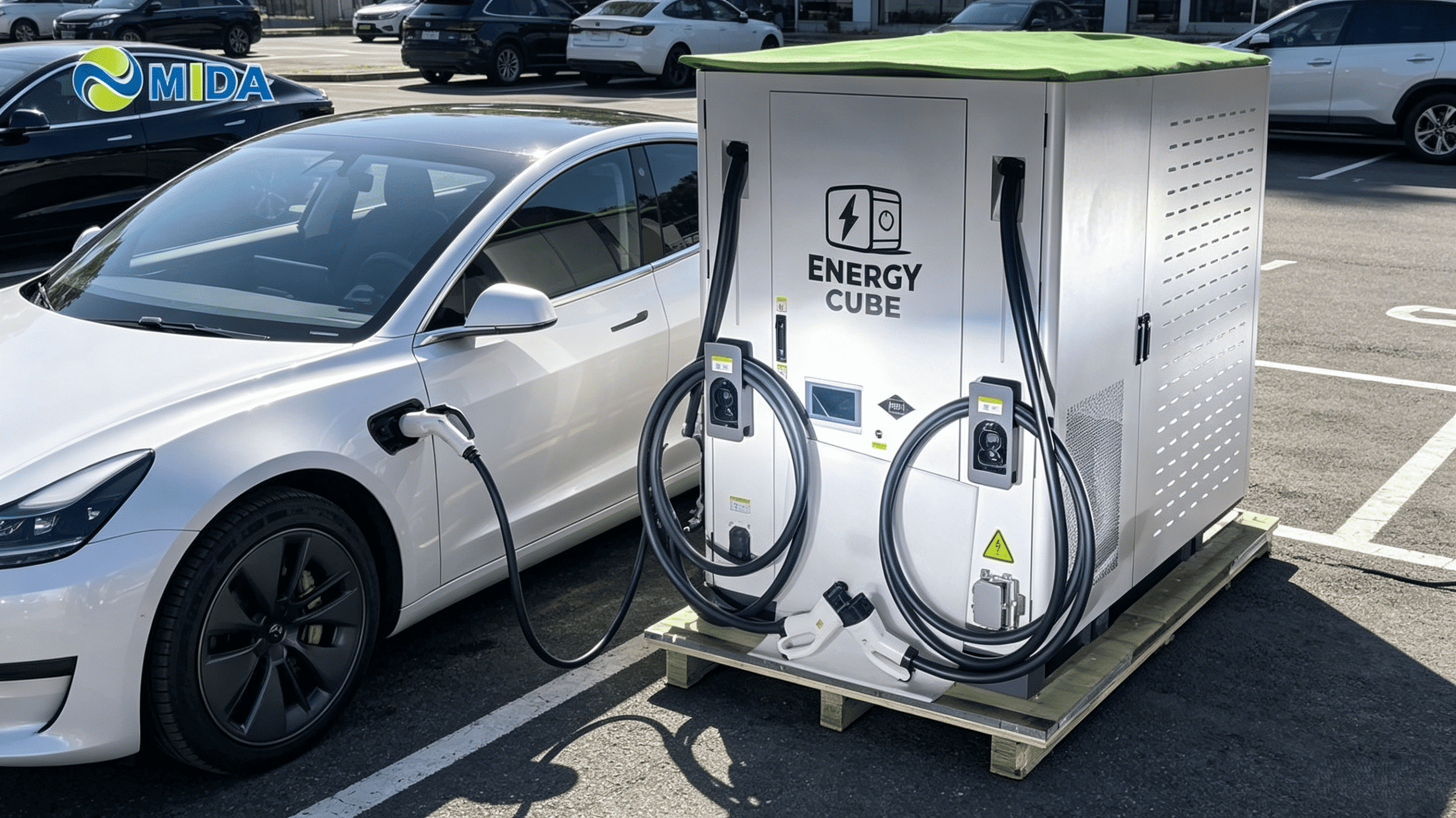 Modular BESS charger cabinets at a fleet charging hub